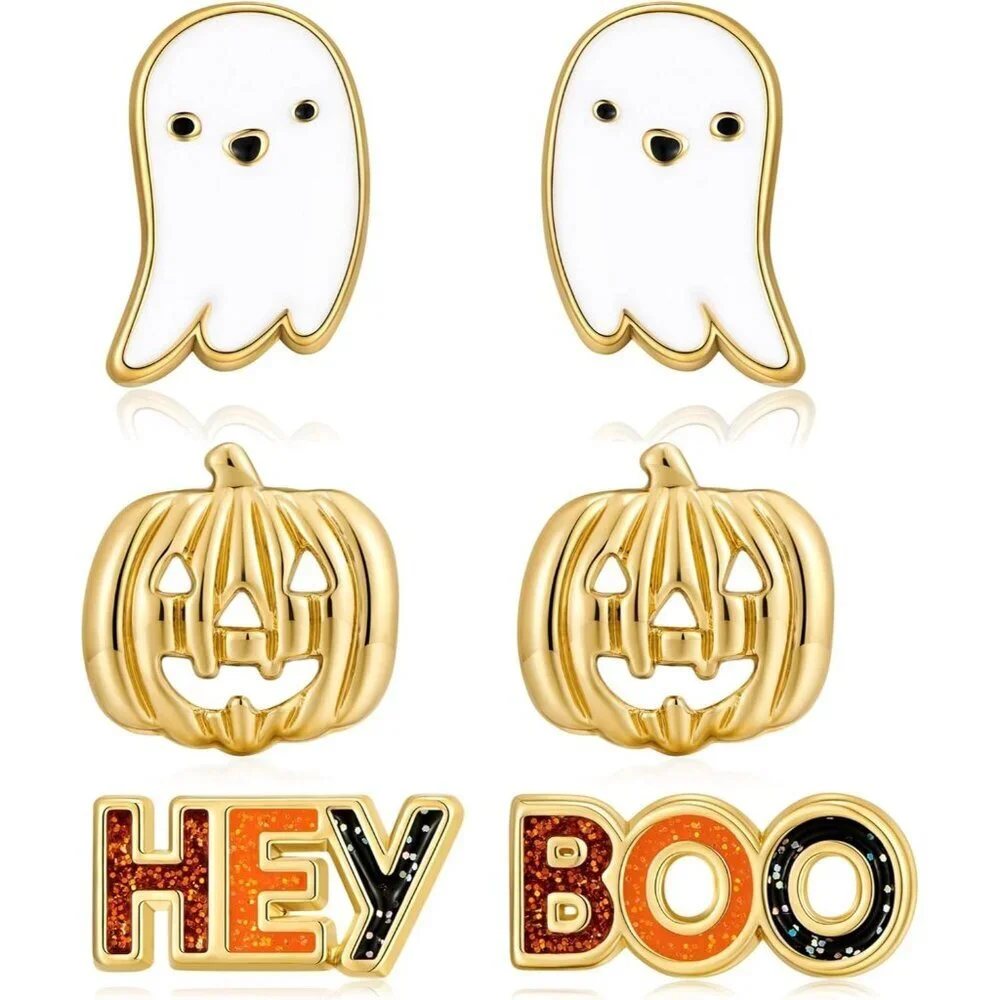 Women's Gold Halloween Jewellery Witch Hat Pumpkin Skull Candy Corn Earrings